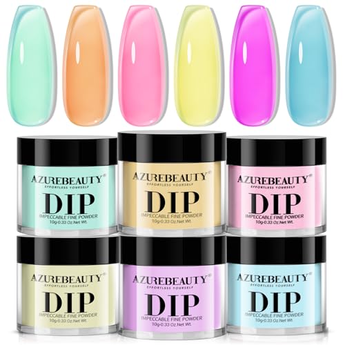 AzureBeauty 6 Colors Jelly Pastel Rainbow Dip Powder Nail Kit Spring/Summer Neon Colors French Nail Art Manicure DIY No UV Lamp Required