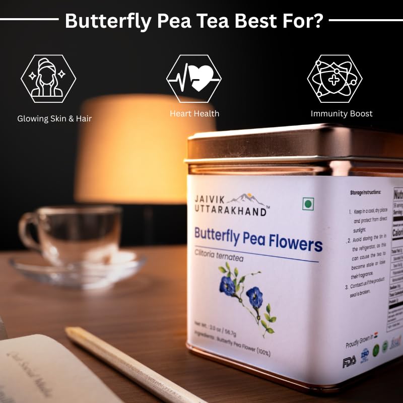 Image of Jaivik Uttarakhand Butterfly Pea Flower Tea (113.4 g), Vibrant Blue Herbal, Unique Blend Crafted Loose Leaf for Chai Lovers Across India, Pack of 2 Tin Box