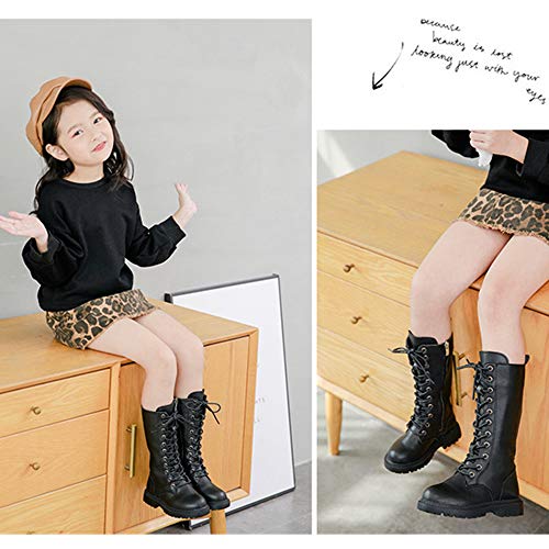 Kid's Girls Knee High Fashion Riding Boots Girl's Lace-Up Side Zipper Mid Calf Combat Boots Dress Princess Shoes Girls Leather Winter Boots3