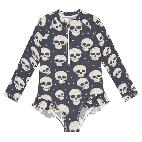 CaTaKu Girls One Piece Swimsuit Abstract Skulls Toddler Bathing Suit Long Sleeve UPF 50+ Rash Guard Swimwear 3-12Y