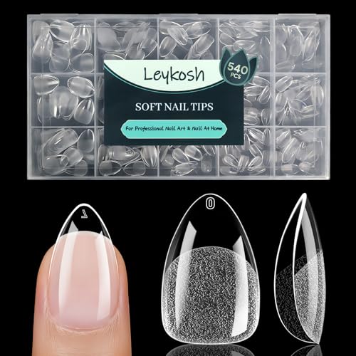 Image of Leykosh 540 Pcs Short Almond False Nail Tips, 15 Sizes with Half Sizes, 70-Grit Pre-shaped Half Matte Soft Clear Acrylic Press Ons, Full Cover Fake Nails for Salon Manicure, Extensions & DIY