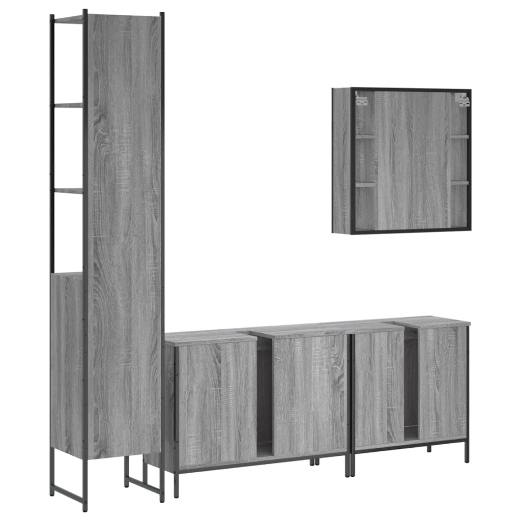 SYDE Set Armario de Baño 4 Pzas Madera Contrachapada Gris Sonoma | Con Espejo y Estante, Acero Recubierto, Patas Ajustables, Fijación a Pared