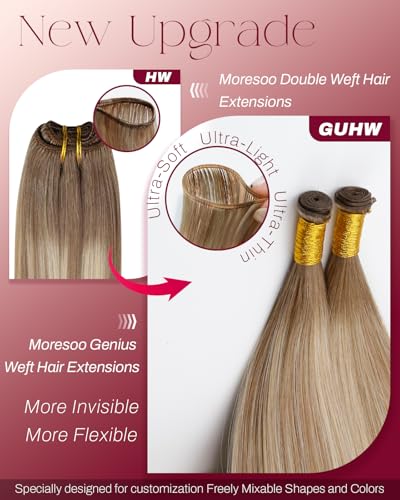 Image of Moresoo Genius Weft Hair Extensions Human Hair, Balayage Light Brown to Fresh Blonde 18inch 50g, Invisible Sew in Hair Extensions Real Remy Soft Straight for Volume Daily Wear