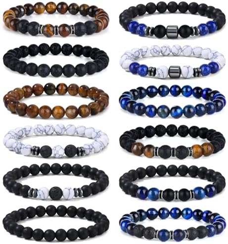 Giovanchi 12PCS Bracelets for Men 8MM Lava Rock Black Obsidian Howlite Tiger Eye Beaded Natural Stone Bracelet Jewelry Gifts for Birthday Christmas