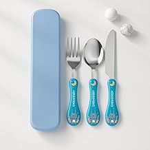 Kid's Cartoon Character 3-Piece Stainless Steel Tableware Set – BPA-Free, Reusable Fork, Spoon & Case | Non-Toxic Travel Cutlery Set for Children – Dining for School (Light Blue)