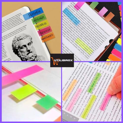 Kit 600 Folhas Marcador de Paginas, 3 Pacotes Marca Pagina com 8 cores Neon, Post-it + Régua 12cm UT