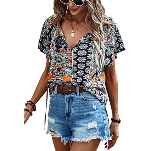 Angashion Women's Summer Tops Casual Floral Print V Neck Ruffle Short Sleeve Loose Tunic T Shirt Blouse Navy Blue M Cover