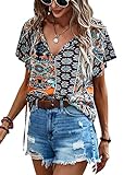 Angashion Women's Summer Tops Casual Floral Print V Neck Ruffle Short Sleeve Loose Tunic T Shirt Blouse Navy Blue S