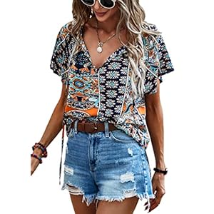 Angashion Women’s Summer Tops Casual Floral Print V Neck Ruffle Short Sleeve Loose Tunic T Shirt Blouse