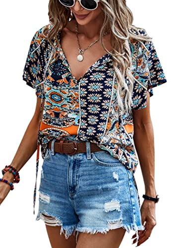 Angashion Women's Summer Tops Casual Floral Print V Neck Ruffle Short Sleeve Loose Tunic T Shirt Blouse