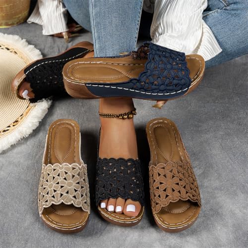 Breathable Orthopedic Open-Toe Slippers for Women with Soft Cushioning Arch Support, Summer Solid Color Lightweight Mesh Slip-On Non-Slip Flowers Open Toe Wedge Sandals3