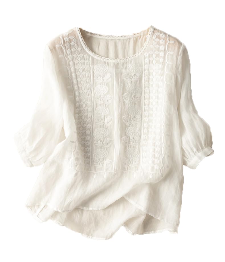 Women's Cotton Linen Button Short Sleeve Shirt Loose Summer Casual Crewneck Boho Top Embroidered Blouse Tops