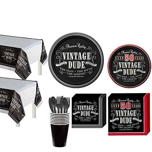 Party City Vintage Dude 50th Birthday Party Supplies for 16 Guests, 167 Pieces, Includes Plates, Napkins, and Decorations