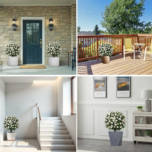 Image of 2 Pack Artificial Boxwood Topiary White Mum Flowers 24 UV Resistant Outdoor