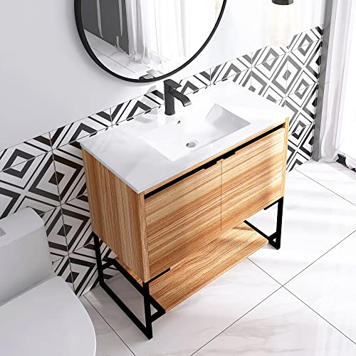 Jimsmaison 36 Inch Bathroom Vanity With Sink Combo, Freestanding Bathroom Vanities With 2 Doors, Floor Mount Bathroom Vanity Integrated Sink Set (Maple, 36 * 18) #TOP2