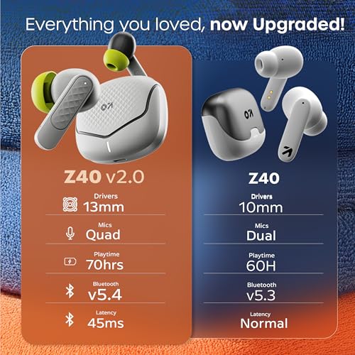 Image of GOBOULT Z40 V2.0 with 70H Playtime, Quad Mic ENC, 45ms Low Latency, 13mm Bass, Legacy Continues, IPX5, Bluetooth 5.4, TWS Truly Wireless in Ear Earbuds (Arctic Blue)
