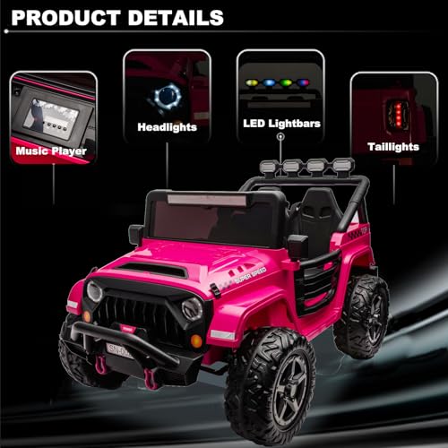 Image of NEWQIDA 24V 2 Seater Ride on Car w /Remote Control 4wd Kids Electric Vehicles Ride on Toys Car, EVA Tires Wheels, 20 inch Spacious Seat, LED Lights, Music, Spring Suspension, 4x200W Motors, Hot Pink