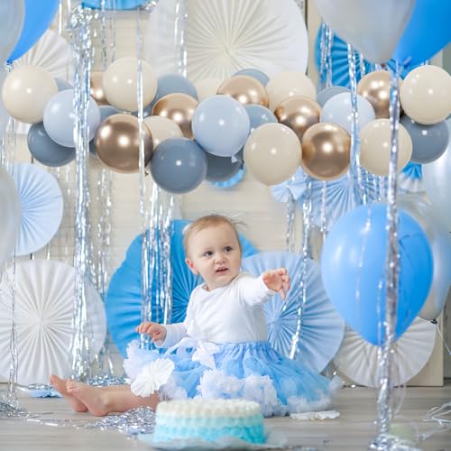 Image of 100pcs Dusty Blue Balloon Set | 12-Inch Baby Slate Blue, Sand White & Champagne Gold Confetti Balloons | Elegant Decor for Baby Shower, Wedding, Graduation & Boys' Birthday (2 Ribbons)