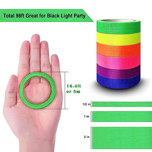 Image of EDSRDRUS Heavy Duty Black Light Tape 6 Fluorescent UV Colors Neon Gaffer Cloth Tape Glow in The Dark 1 /2, 1, 2 inch Width Total 98ft Strength and Super Bright for Glow Party Stage, Pub Supplies