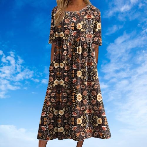 Womens 2024 Boho Summer Short Sleeve Floral Print Maxi Dress Casual Loose Fit Beach A Line Dresses with Pockets - Image 3