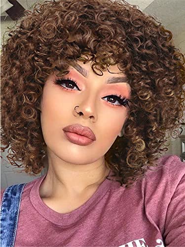 Gnimegil African American Wigs For Black Women Short Curly Wig Natural Mix Brown Kinky Curly Afro Hair Wig With Bangs Synthetic Wigs Carnival Party Halloween Costume Disco Party #TOP5