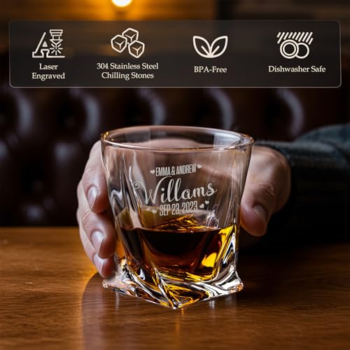 Custom Name & Date Bride Groom Wedding Whiskey Gift Set of 2 Glasses, Tongs, & Stainless Steel Whiskey Stones – Personalized Premium Wood Box Gift for Newlyweds - Image 5