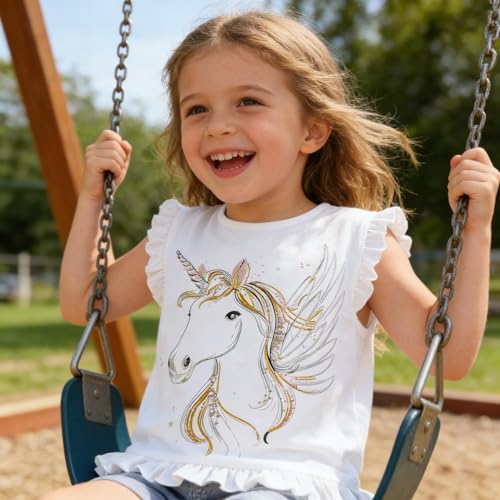 Image of Toddler Baby Girl Short Sleeve Giraffe T-Shirt Ruffle Sleeve Cotton Unicorn Tank Tops Tee