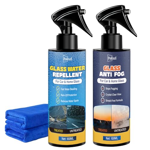 POLIXEL Anti-Fog & Water Repellent for Car Windshield, Windows, Glass & Mirrors Defogger and Rain Repellent Treatment Hydrophobic Coating for Clear Vision Prevents Interior Fog - Pack of 2