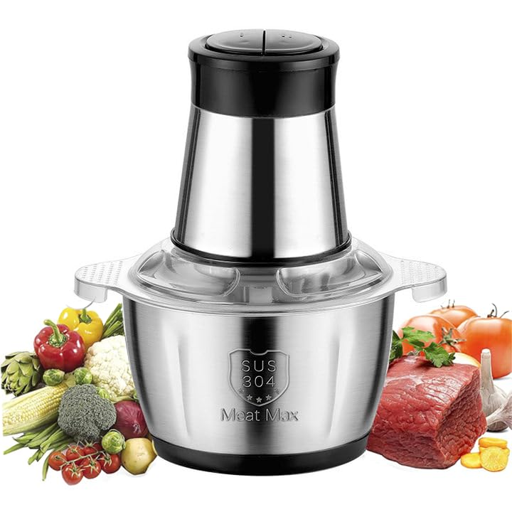 Mini picadora eléctrica con cuenco de acero inoxidable 2L, 2 velocidades, picadora de carne de 250 W con 4 cuchillas desmontables versátiles para picar carne, cebolla, hierbas, fruta seca rápida y sin