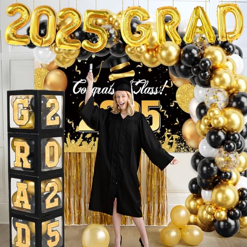 Graduation Decorations Class of 2025-122pcs Black Gold Graduation Party Decorations include Balloon Boxes with Letters, Balloon Arch Kit and Backdrop for 2025 Grad Party Supplies - Thumbnail 2