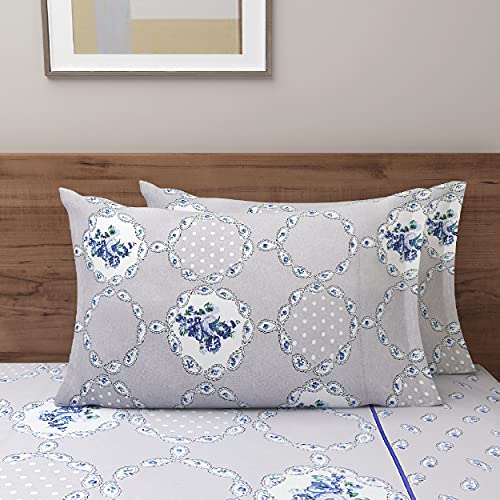 Image of Swayam Roto Cotton Single Bedsheet with 1 Pillow Cover | Size 60 x 90 inch | 144 TC | Floral Design | Soft Breathable Bed Sheet | Comfortable & Durable for Bedroom - Grey & Blue