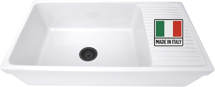 Farmhouse Sink 36" White Fireclay Apron Farm Kitchen Sink, Built-In Drainboard, Single Bowl, Undermount, Reversible, Made in Italy Easy Clean, Scratch Resistant HP-FCBIDB-W