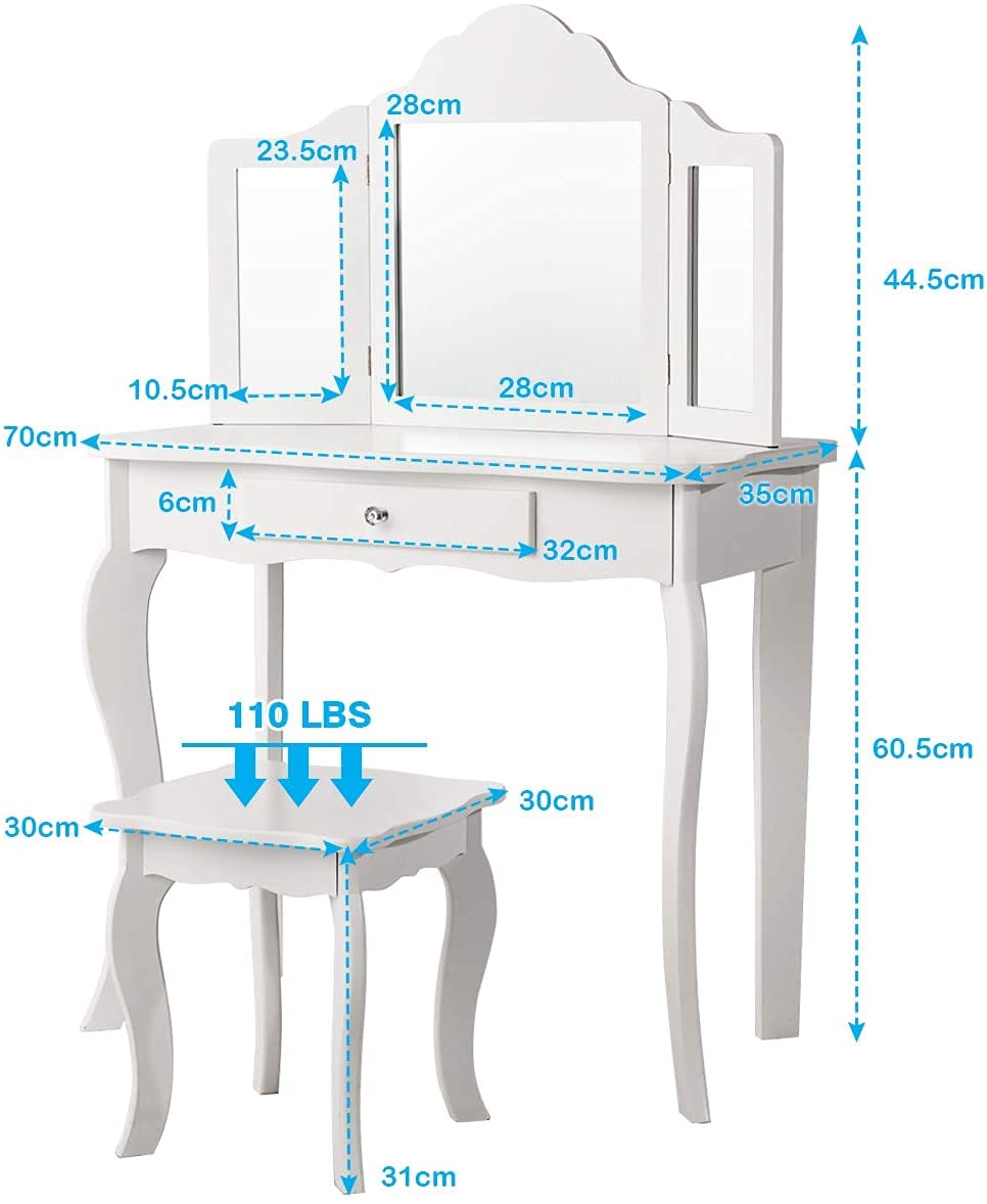 GOPLUS Tocador para Niñas con Espejo de 3 Persianas Plegables Ajustables, Parte Superior Extraíble, Tocador Infantil de Maquillaje para Niños, 70 x 34 x 100 cm (Blanco)