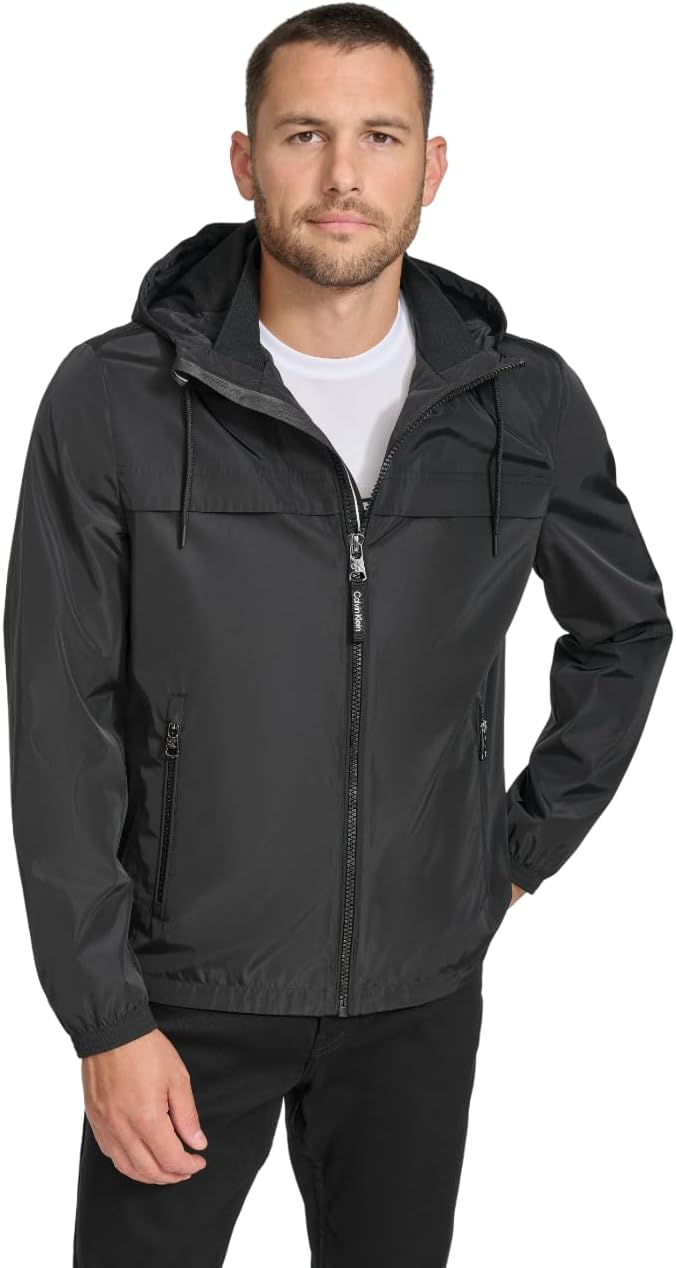 Calvin Klein Men's Adjustable Drawstring Hood Zip Up Windbreaker Jacket