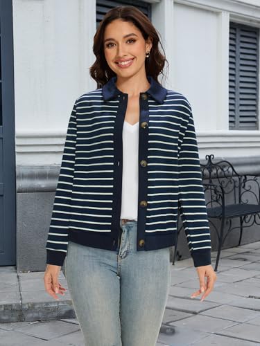 Image of Women's Striped Cardigan Sweaters Long Sleeve Knit Lightweight Cardigan Fall Outfits Clothes Fashion Trendy