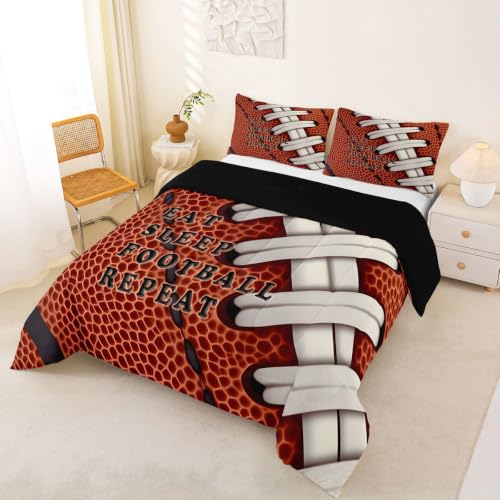 Image of Feelyou Football Comforter Set Queen Size Rugby Bedding Set for Kids Boys Girls Eat Sleep Sports Theme Duvet Quilt Bedroom Decor Microfiber 3 Pcs with 2 Pillow Cases
