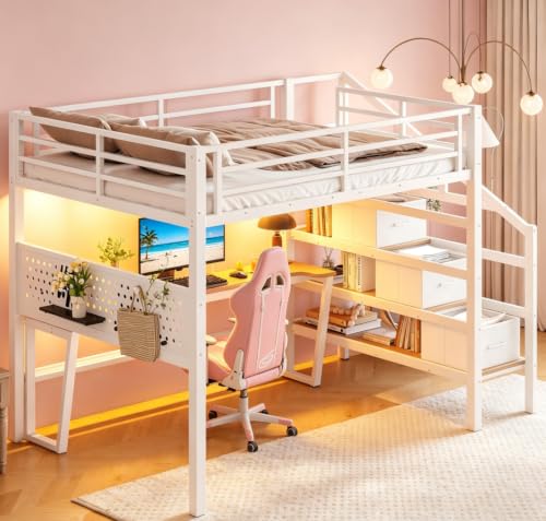Image of Bellemave Full loft Bed with Movable Desk and Storage Stairs, Shelves, Metal Loft Beds with LED Lights, USB Ports, Multifunctional Iron Nets for Adults, Kids, Teens, White