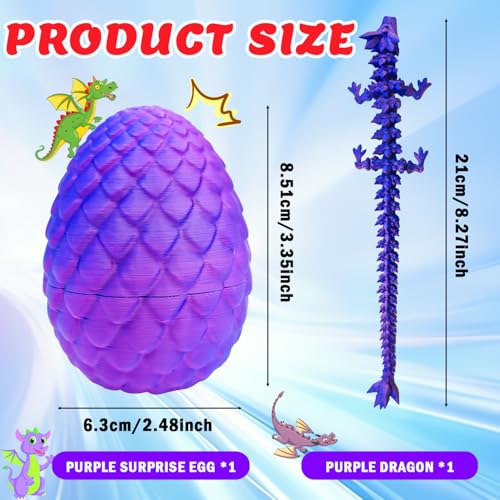Cuackamily 3D Printed Dragon with Egg,Arctic Crystal Dragon Fidget Toy with Flexible Joints,Home & Office Decor Set/Laser Purple Gift for Kids & Adults