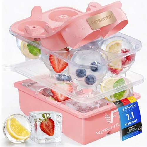 Neighbour’s Friend® Rosa XXL Eiswürfel & Eiskugelform Set – 6 große 5cm Eiswürfel & 6 Eiskugeln aus Platinsilikon mit Deckel… – Ansicht 1