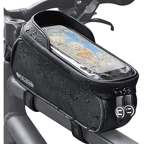 Yolansin Bicycle Frame Bags Waterproof Bicycle Bag Frame Mobile Phone Holder with Headphone Hole, Bicycle Bag with Touch Screen Top Tube Bag, Mobile Phone Case Navigation Bag for GPS, Sat Nav Cover