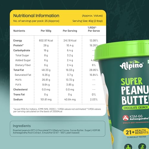 Image of Alpino Super Peanut Butter with KSM-66 Ashwagandha Chocolate Crunch 1kg - Curated by Mukesh Gahlot inchGuruji inch - High Protein, Clinically Tested with 21+ Health Benefits: Aids Strength, Stamina and Recovery