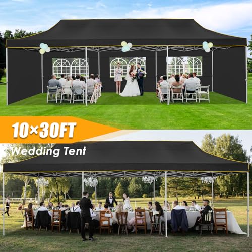 Image of HOTEEL 10x30 Heavy Duty Pop Up Canopy Tent with 5 Sidewalls&Wheeled Bag, Commercial Event Party Tent Wedding Instant Canopy Waterproof, Upgraded Thicked Hexagonal Legs, UV 50+, Black