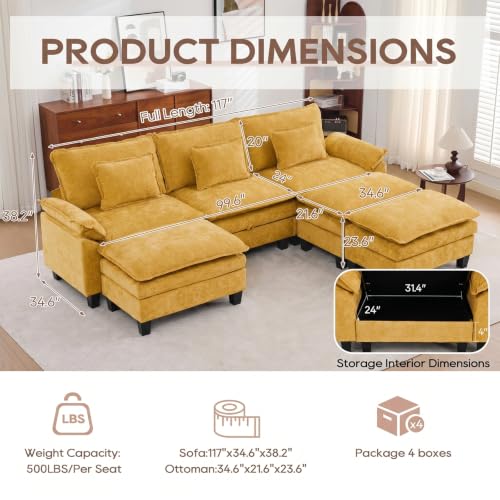 Image of IPKIG 117 inch Modular Cloud Couch with Storage, C Shaped Sectional Sofa | 3 Seater Yellow Chenille Deep Seat Sectional Couches with Ottoman and Pillow for Living Room, Apartment