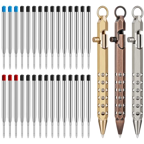 Image of Origin-Joy 3 Pack Bolt Action Pen Set, Six Edge Solid Brass EDC Pocket Tactical Pen With 30 Ballpoint Refills (Natural Brass & Red Bronze & Nickel Gray)