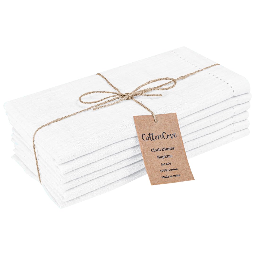CottonCove Cloth Dinner Napkins 100% Cotton Set of 6 - Soft Durable Washable - Ideal for Farmhouse Parties Wedding Christmas Easter - Perfect Everyday Use Table Cloth Napkins 46x46 cm White