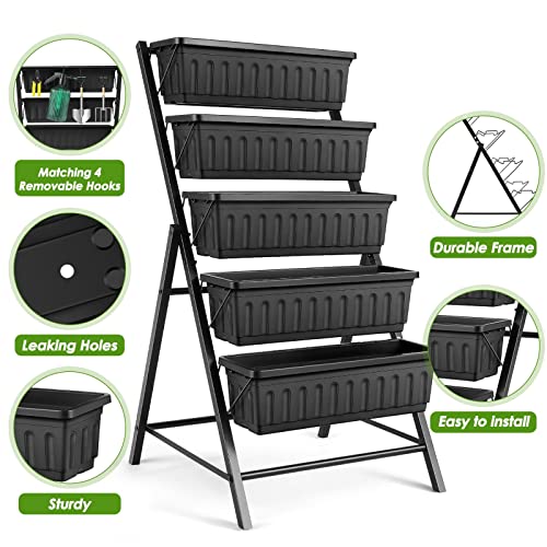 Sejov 4Ft Vertical Raised Garden Bed, 5 Tiers Elevated Planter Box For Herbs Vegetables Flowers, Graden Vertical Planter With Drainage System For Patio Balcony Garden Outdoor Indoor Plants (Black) #TOP3