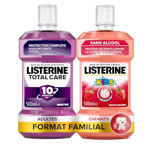 LISTERINE Bain de bouche total care 10 en 1 (bouteille de 500ML) + Bain de Bouche Enfant Fruits Rouges (bouteille de 500 ml)