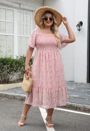 Image of Keluummi Plus Size Wedding Guest Maxi Dresses for Curvy Women, Summer Casual Boho Floral Smocked Empire Waist A Line Sundress