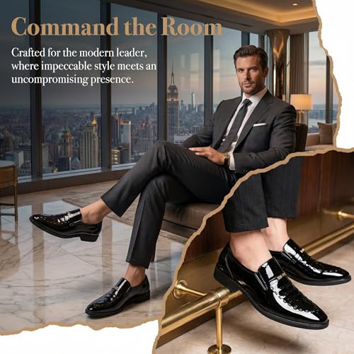 Image of Men's Vintage High Gloss Slip On Dress Loafer Shoes Formal Business Pointed Toe Patent Leather Loafers