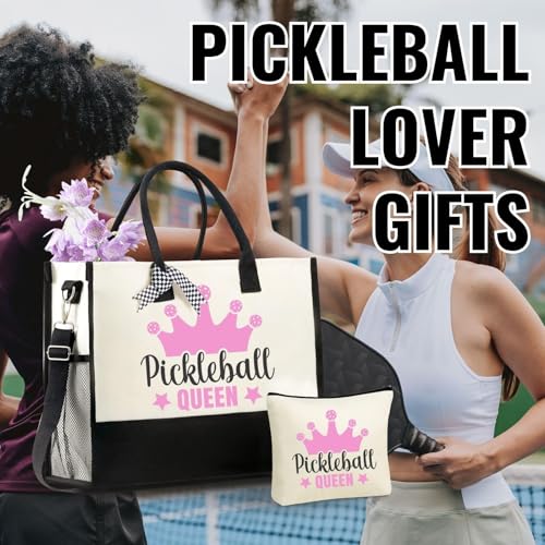 Image of InnoBeta Pickleball Gifts for Women Canvas Tote Stuff Bag with Top Zipper, Shoulder Strap